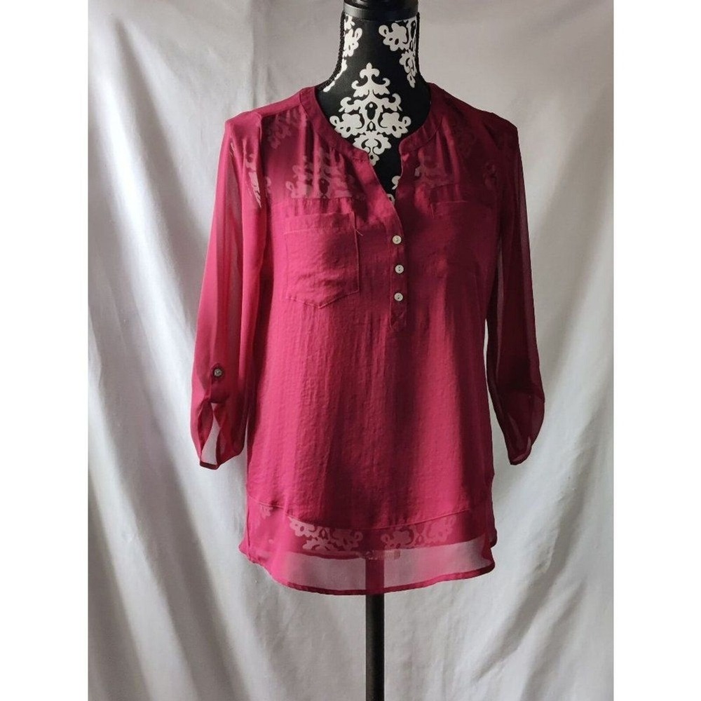 Express Sheer Burnout Blouse Top Burgundy Roll Tab Sleeve Button Up Shirt Womens